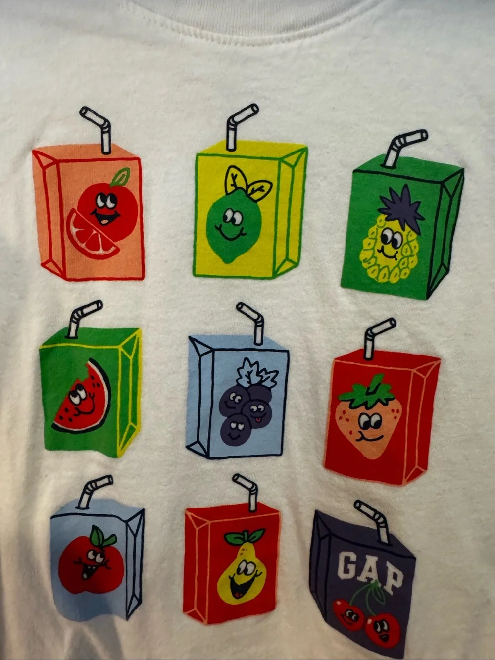 GAP White Kids Tee with Colorful Fruit Juice Box Graphics